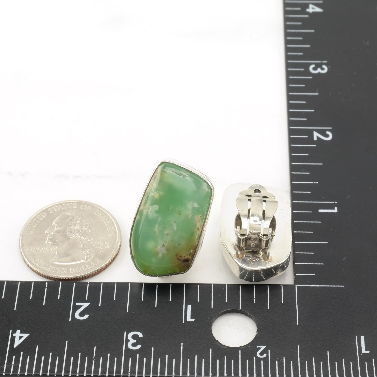 Vintage Southwest Green, Brown Chrysocolla, Gem Silica Sterling Silver Clip On Earrings