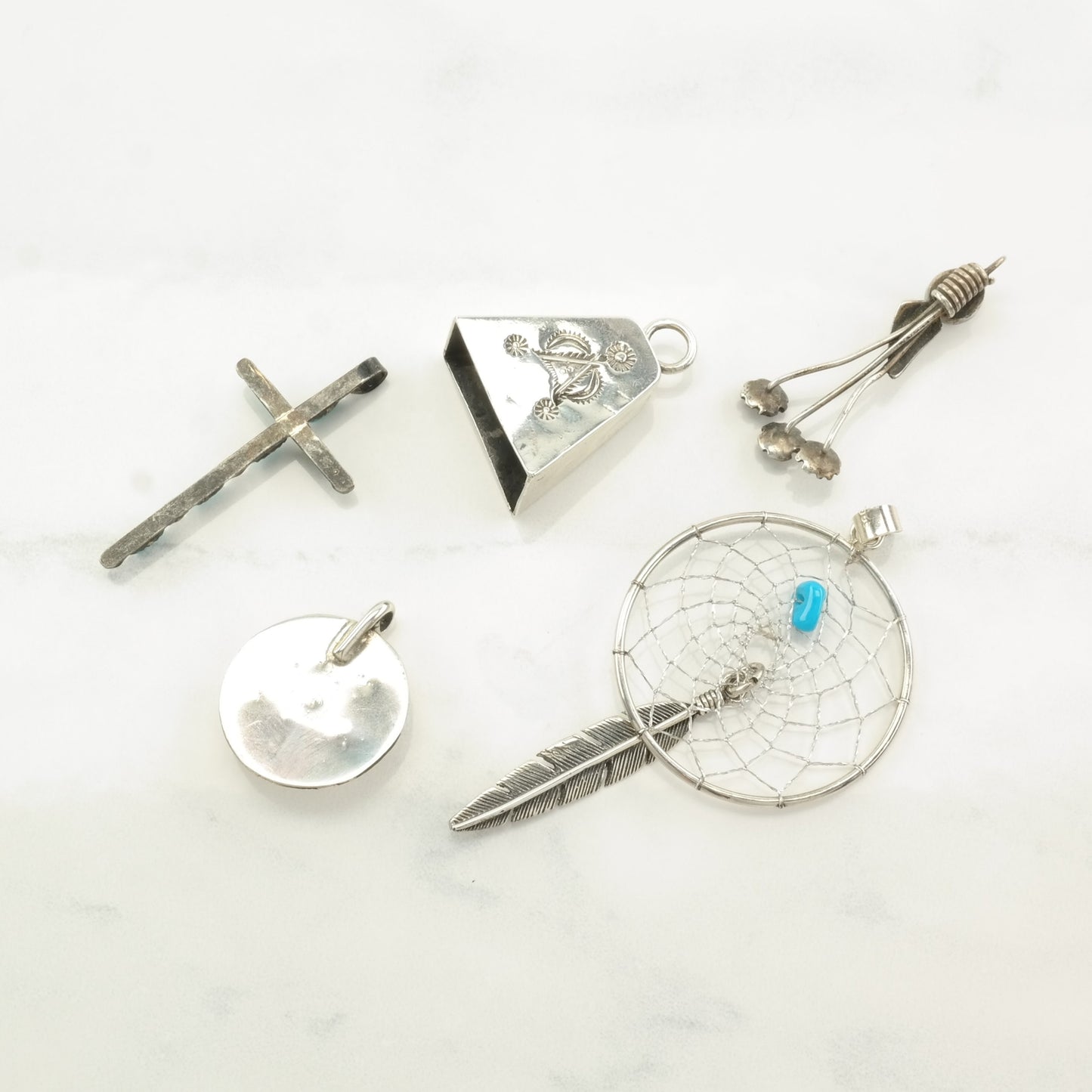 Vintage Pendant Choice Turquoise, Cross, Bell, Floral, Shadowbox, Dreamcatcher Sterling Silver