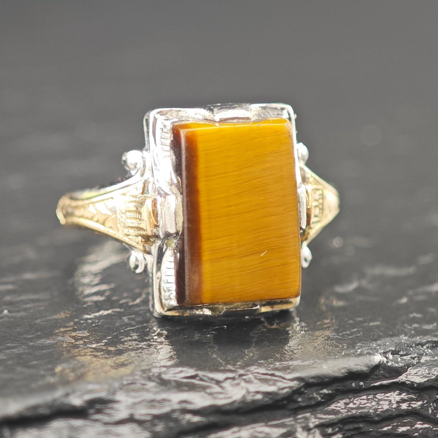 Art Deco Ring Sterling Silver Tiger Eye 10K Gold Filled Accent