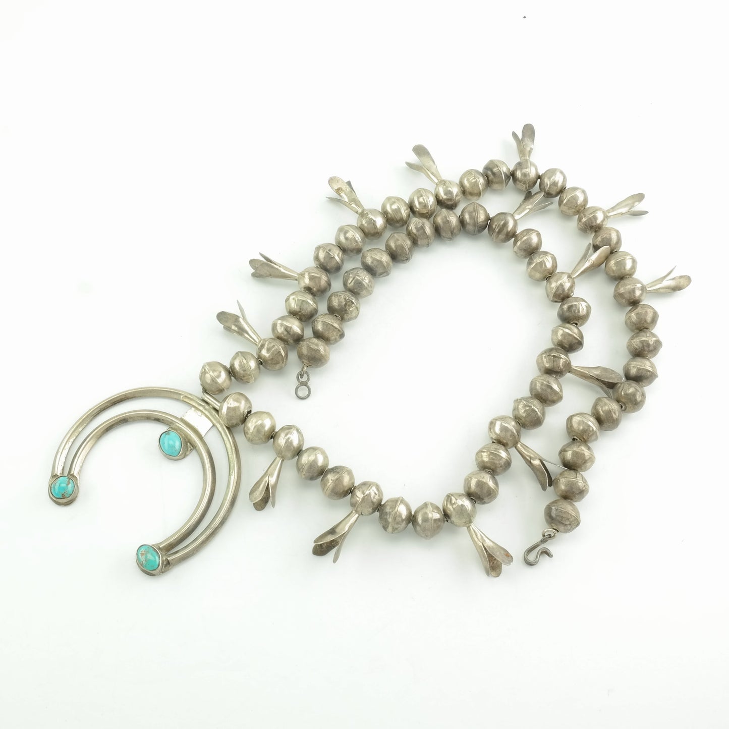 Vintage Native American Sterling Silver Turquoise Squash Blossom Necklace