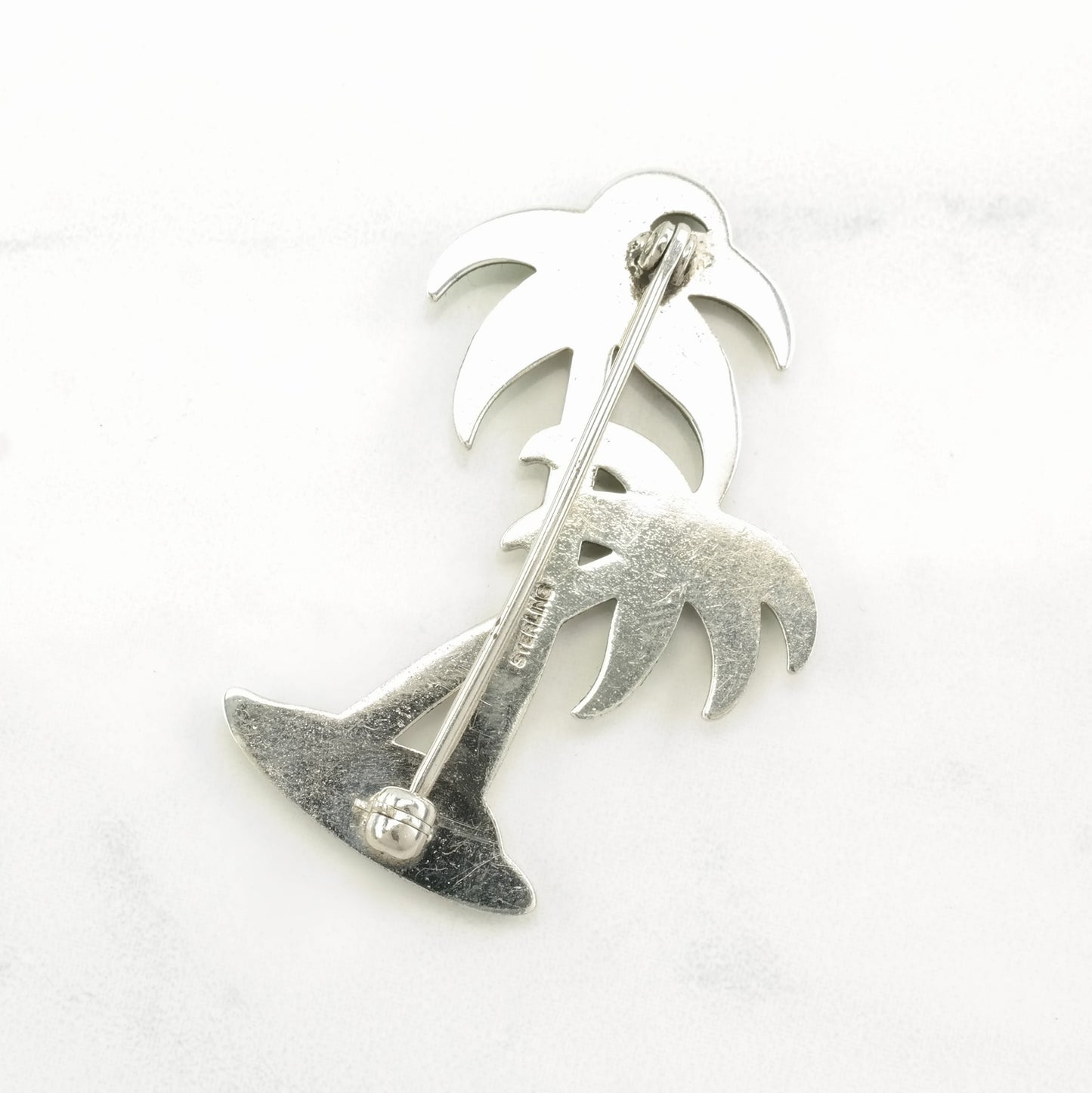 Green Enamel Silver Brooch Marcasite, Palm Tree Sterling B1748