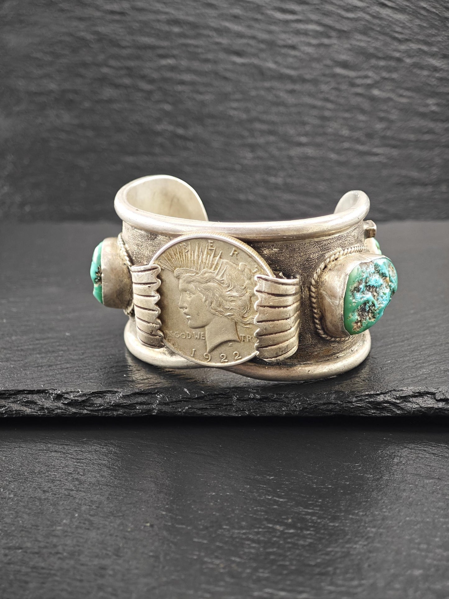 Native American, Turquoise, Coin Cuff Bracelet Sterling Silver