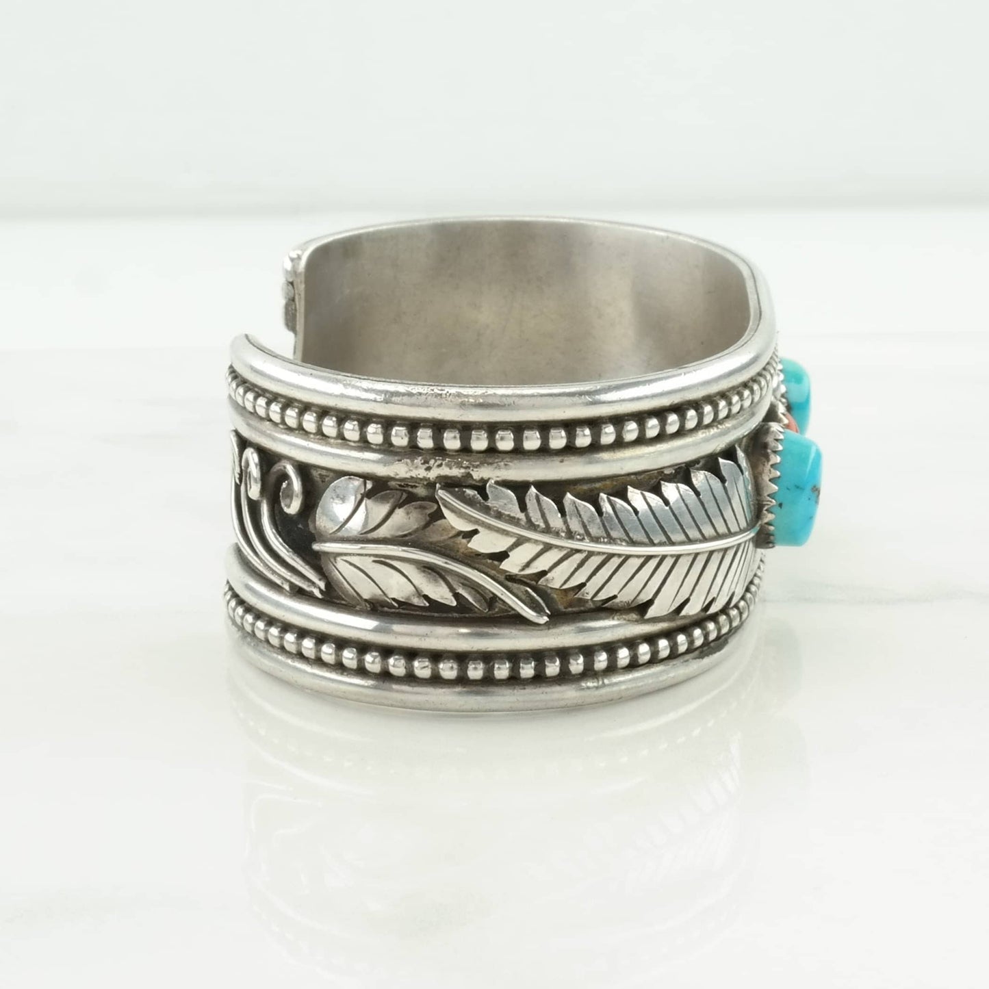 Native American Sterling Silver Cuff Bracelet Blue, Red Turquoise, Coral Leaf