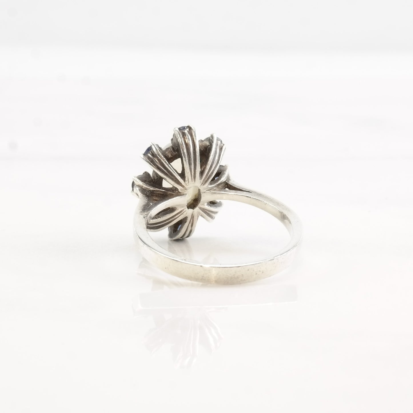 Vintage Mid Century Silver Ring Moonstone Sapphire Flower Sterling Size 7 1/4