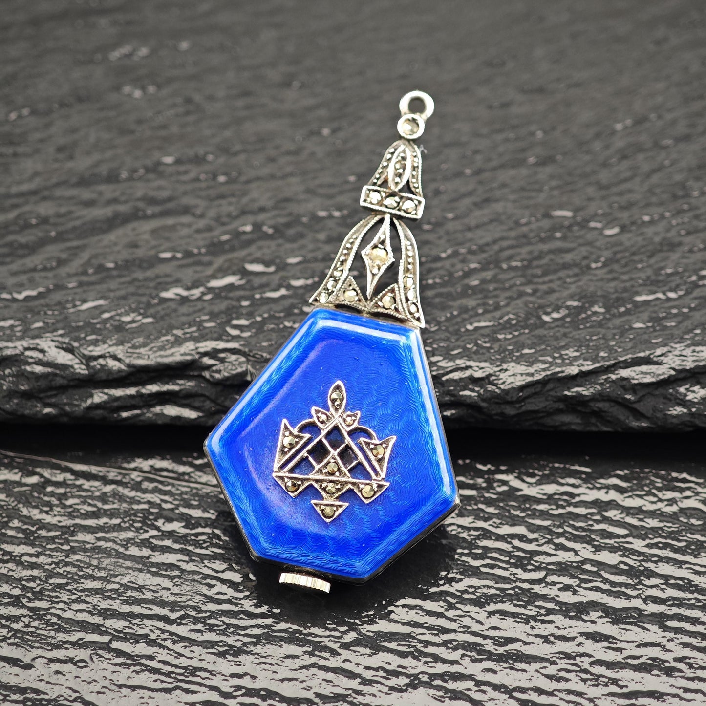 As Is Art Deco, Leicht-Mayer Lucerne, Enamel Pendant Watch Sterling Silver