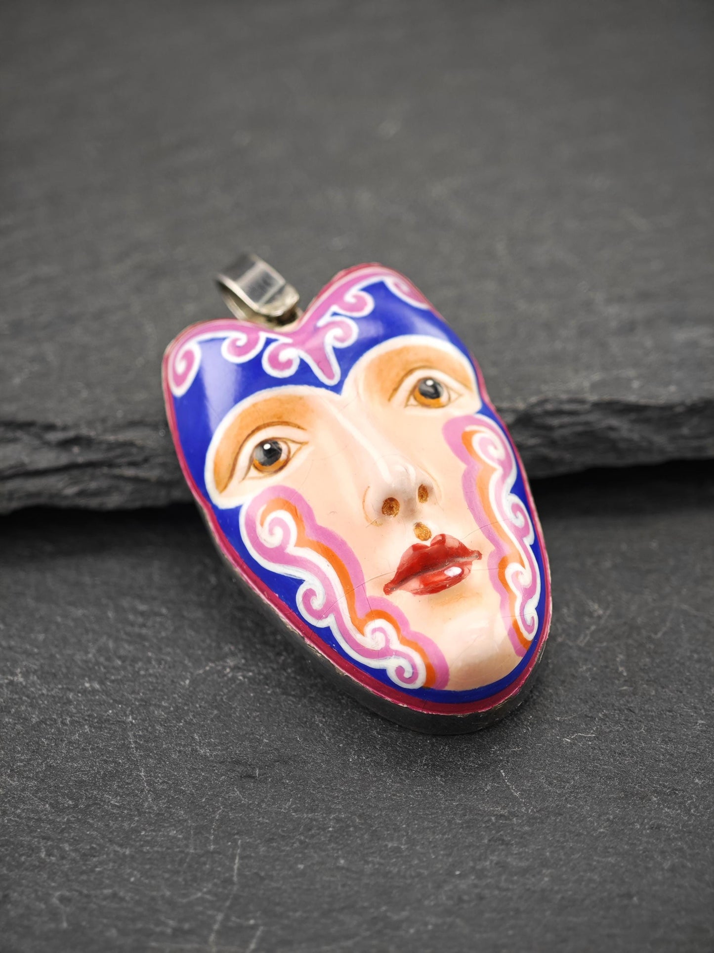 Sergio Bustamante Enamel, Women's Face Brooch/Pendant Sterling Silver