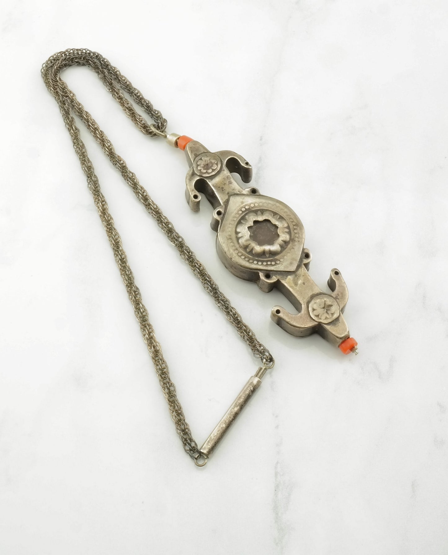 Vintage Ethnographic Sterling Silver Yamod Turkomans Coral Accent Plaque Pendant Necklace