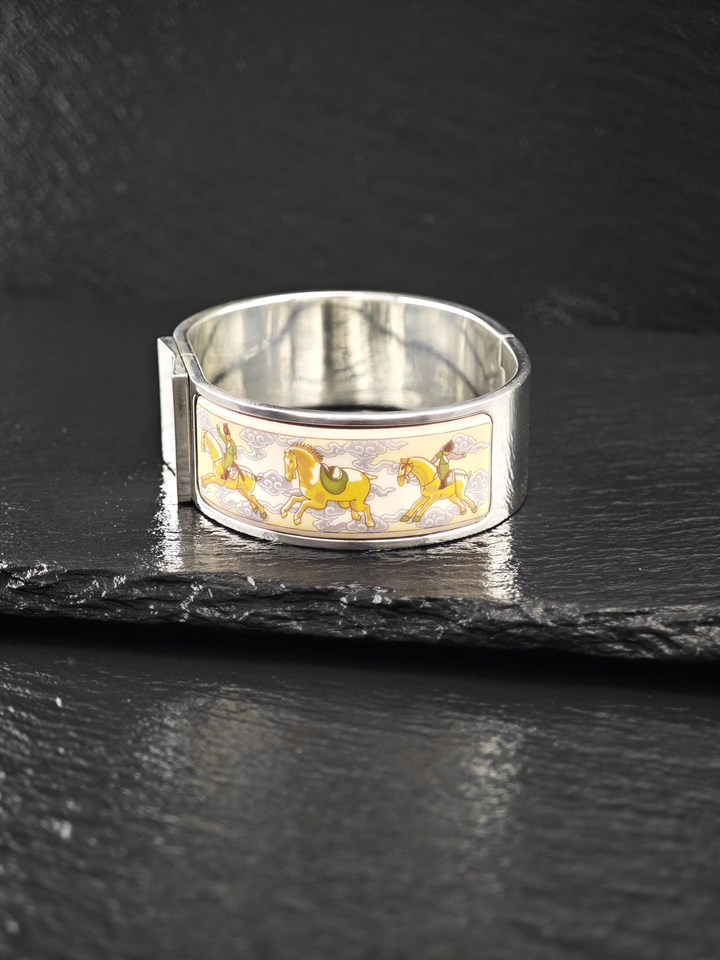 Rare Hermes Equestrian Bangle Bracelet Sterling Silver Porcelain Vintage
