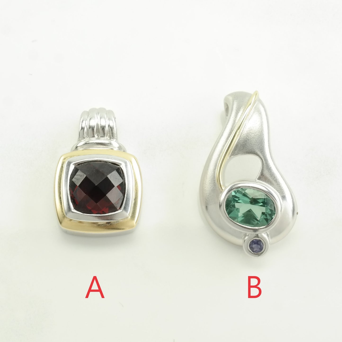 Choice Vintage Modernist Garnet, Gemstones Gold Accent Sterling Silver Pendant