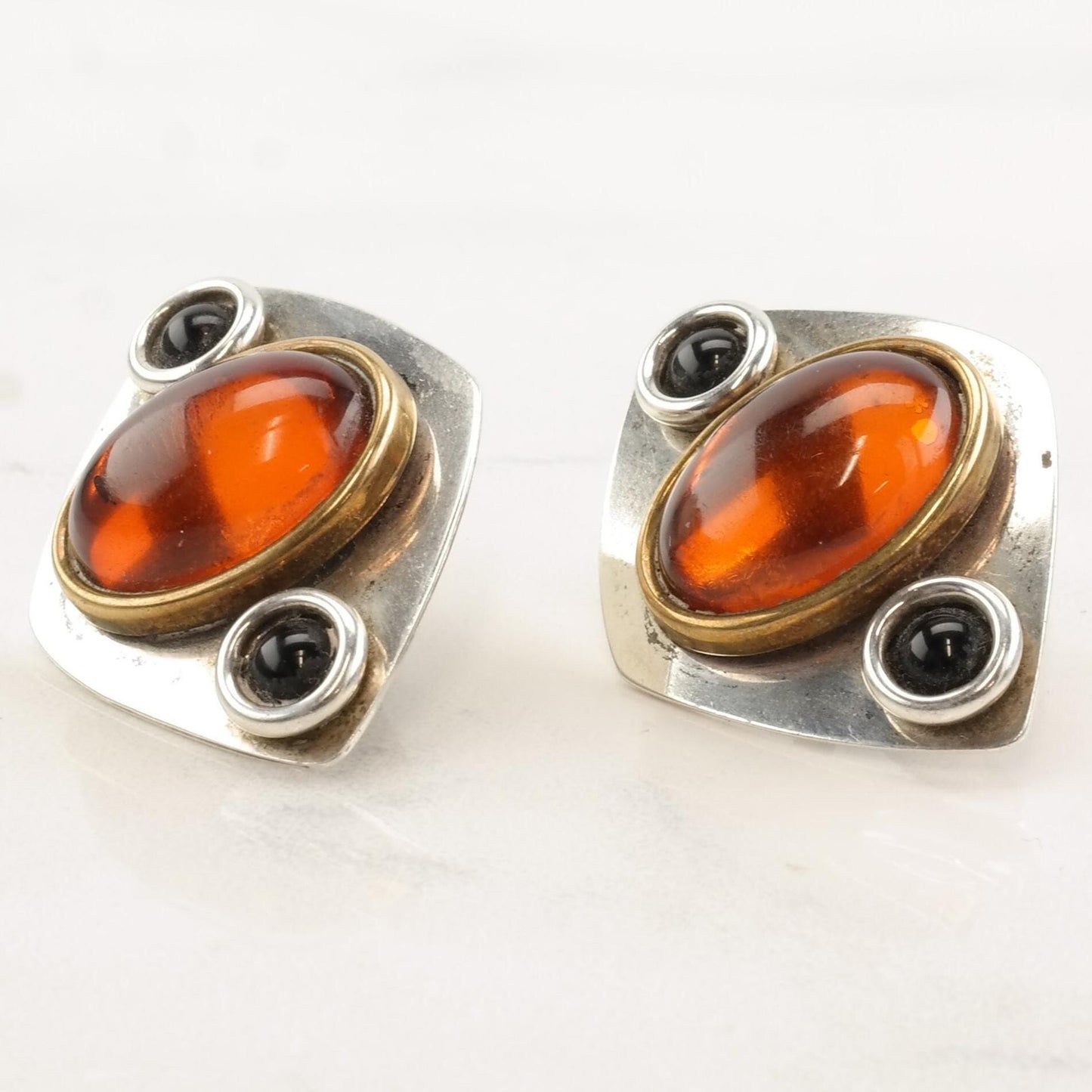 Stamas Sterling Silver Amber Onyx Oval Circle Gold Accent Earrings Clip On