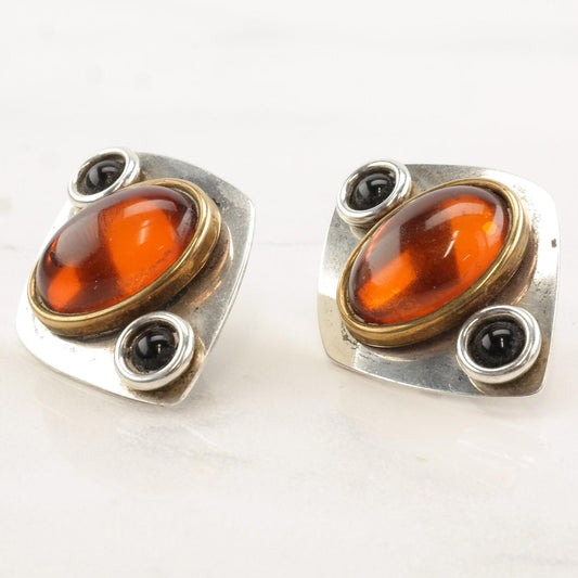 Stamas Sterling Silver Amber Onyx Oval Circle Gold Accent Earrings Clip On