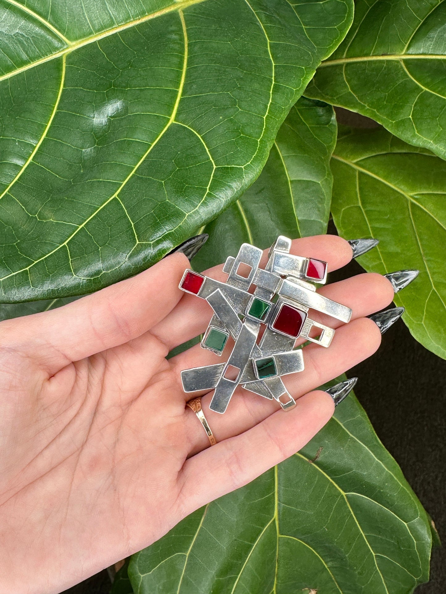 Silver Brooch Pendant Abstract Red Blue Glass Sterling