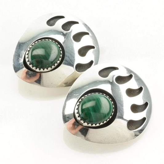 Vintage Green Malachite Bear Paw Sterling Silver Clip On Earrings