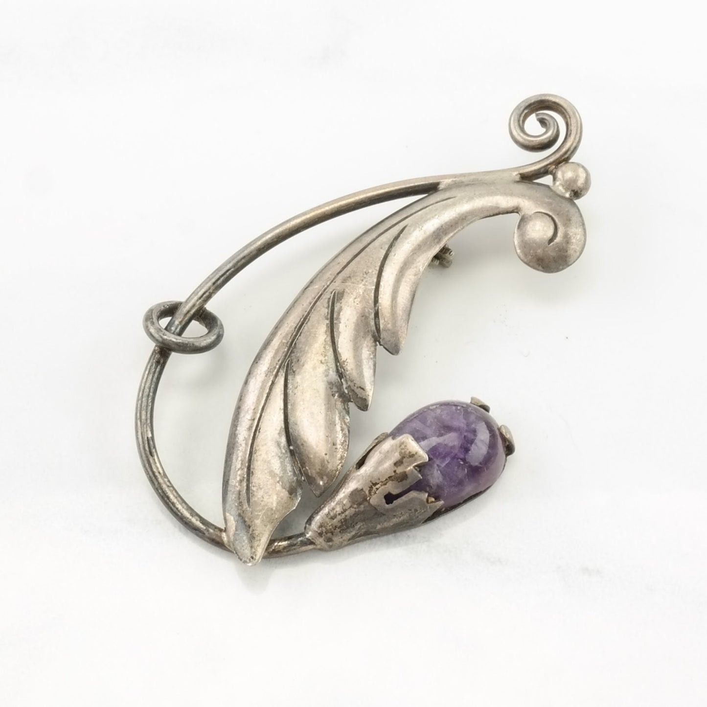 Taxco Sterling Silver Brooch Leaf Purple Amethyst B1937