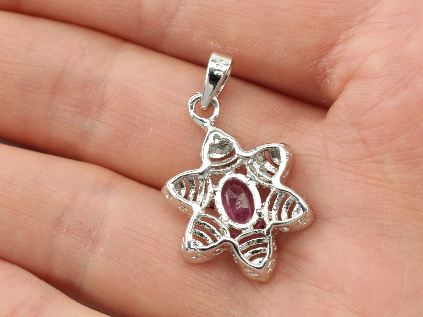Vintage Treated Ruby CZ Floral Sterling Silver Pendant