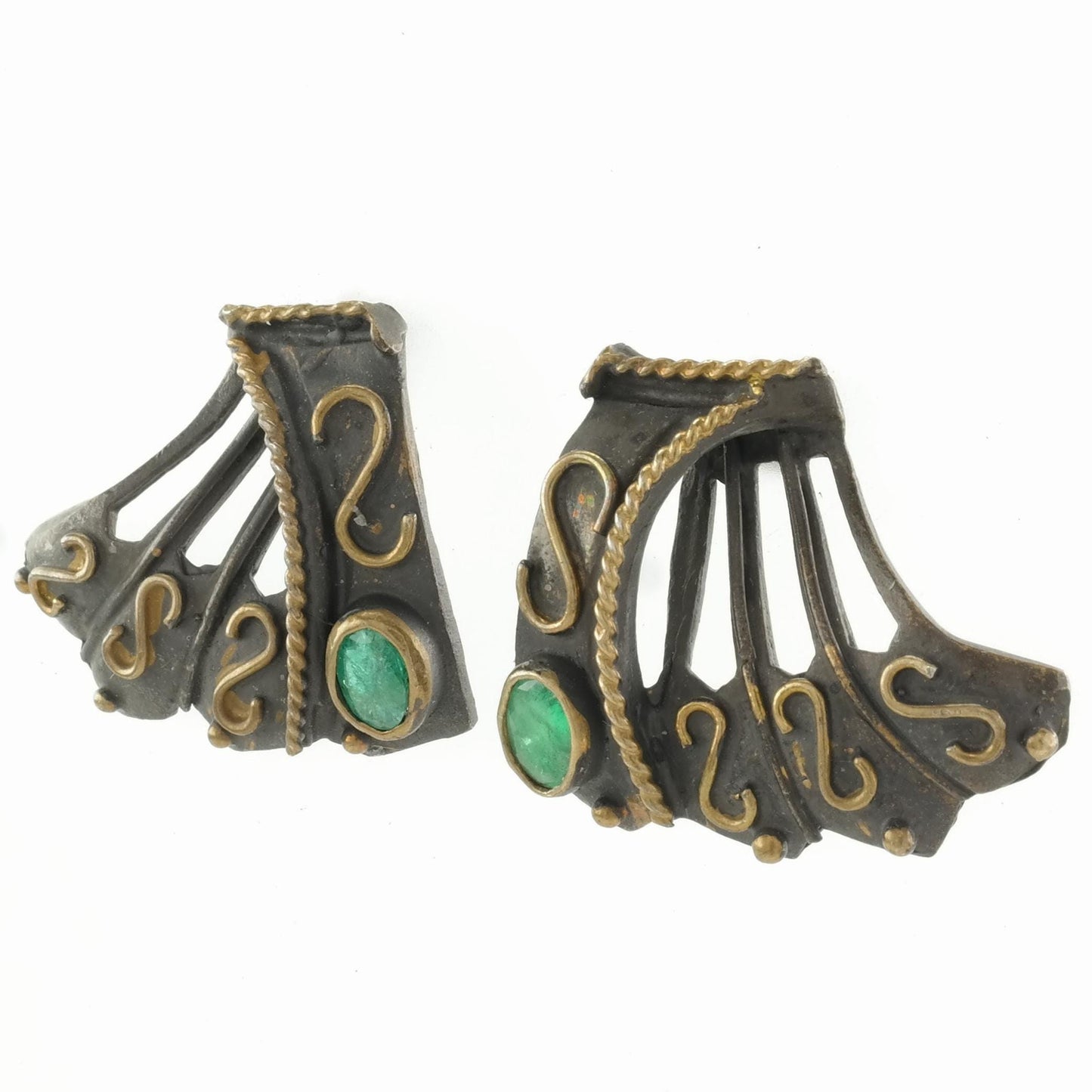 Vintage Emerald Stud Earrings Sterling Silver Sevan Green Gold Toned Accents