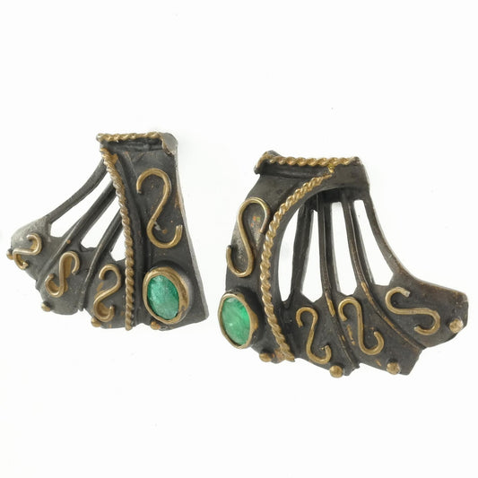 Vintage Emerald Stud Earrings Sterling Silver Sevan Green Gold Toned Accents