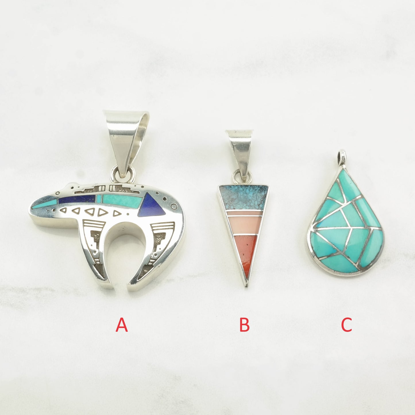 Vintage Native American Turquoise, Multi Gem Inlay Sterling Silver Pendant