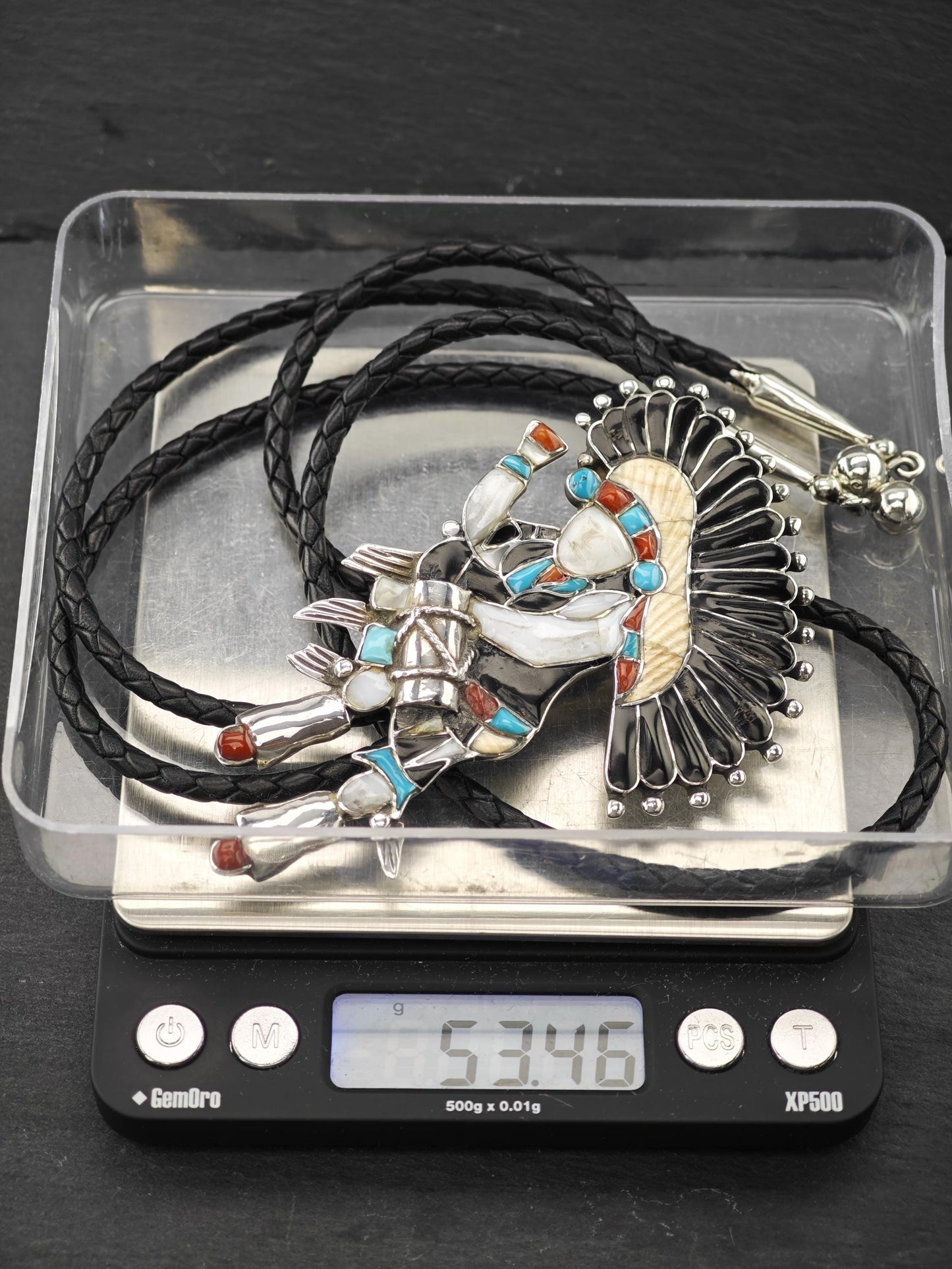 Sw Sterling Silver Inlay Drum Dancer, Kachina Bolo Tie Necklace N2429