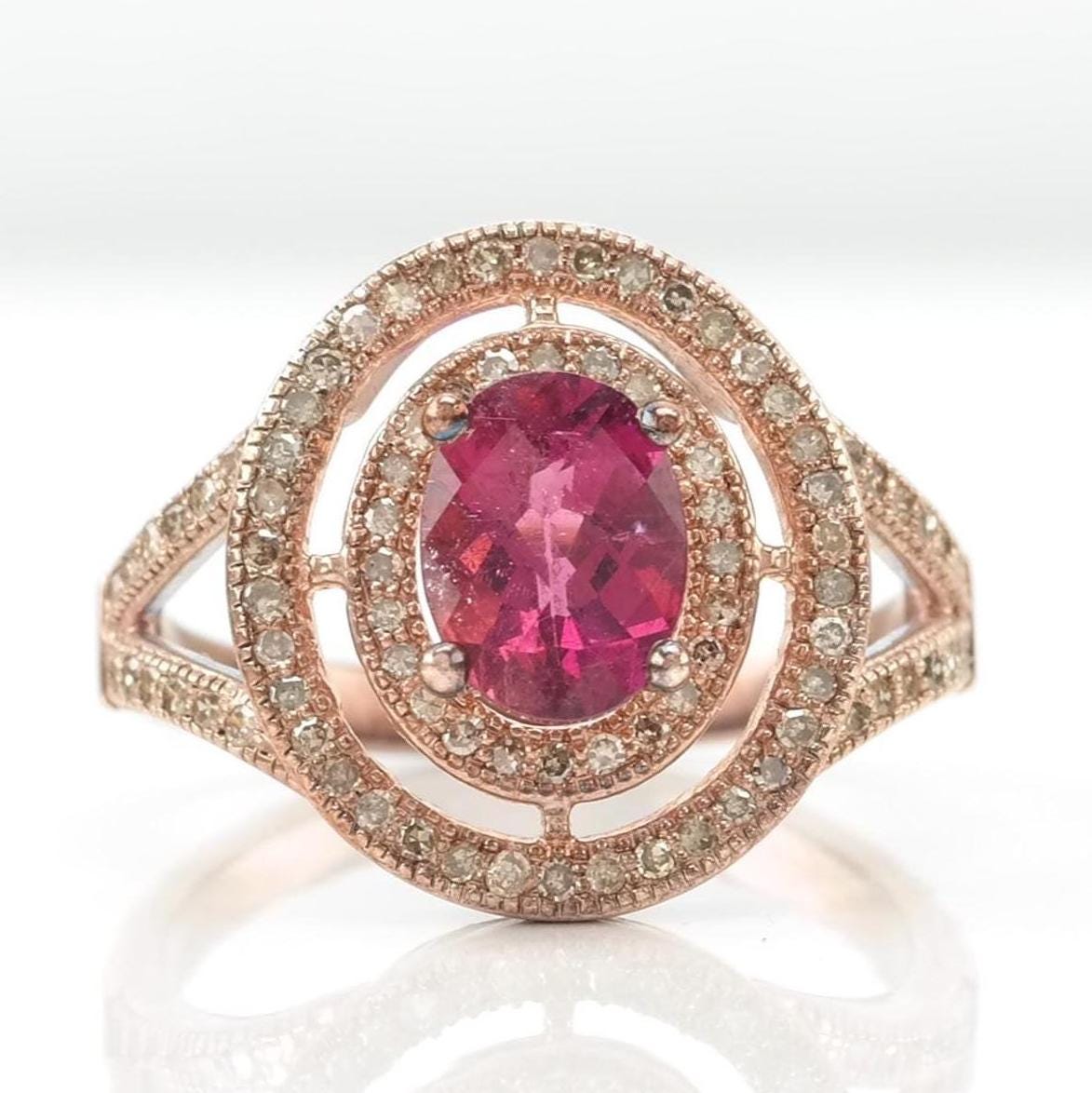 Vintage Tourmaline Diamond Rose Gold Sterling Silver Ring Plated Size 7