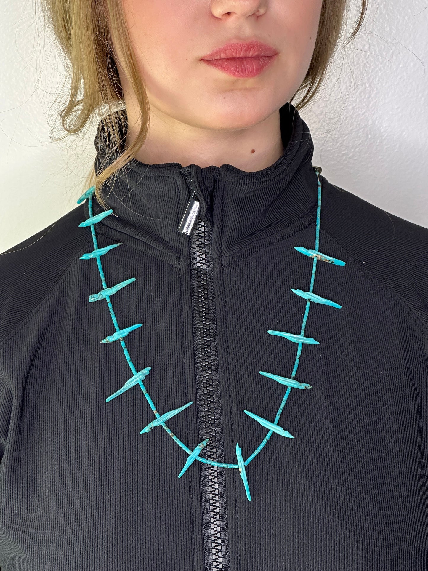 Vintage Zuni Blue Carved Turquoise Heishi Fetish Sterling Silver Necklace