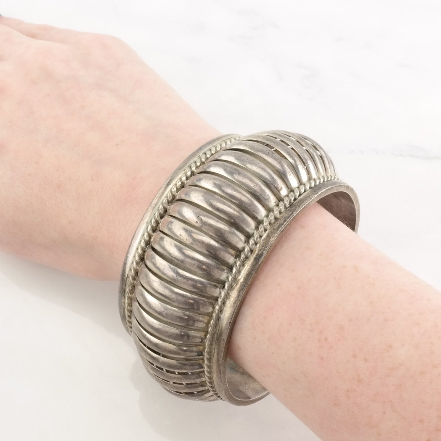 Vintage Sterling Silver Scalloped Cuff Bracelet, Size 7 1/4, 1980s, Signed Native American, Statement Jewelry