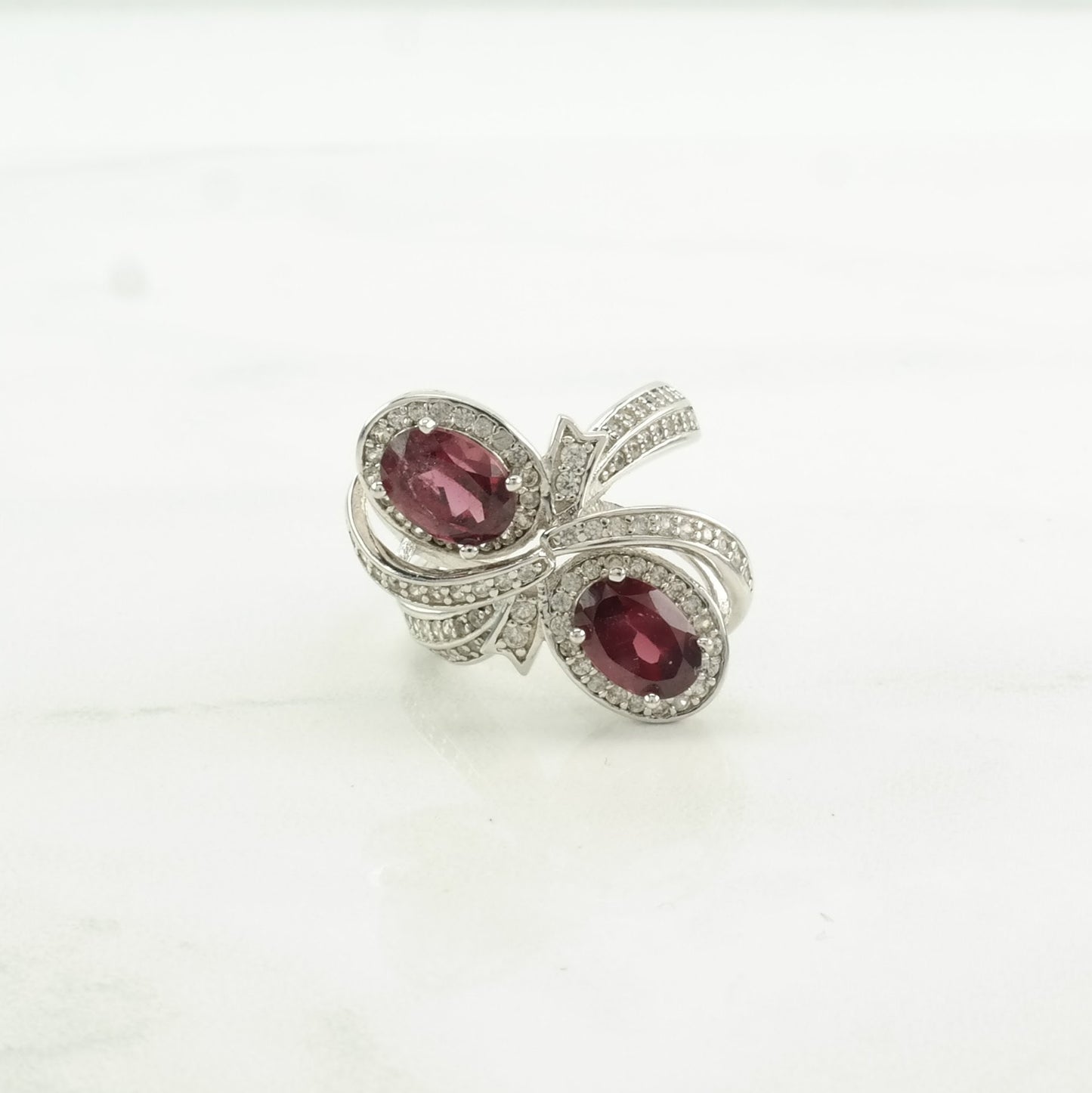 Vintage Sterling Silver Ring, Garnet White Zircons Ribbon Pink Size 5
