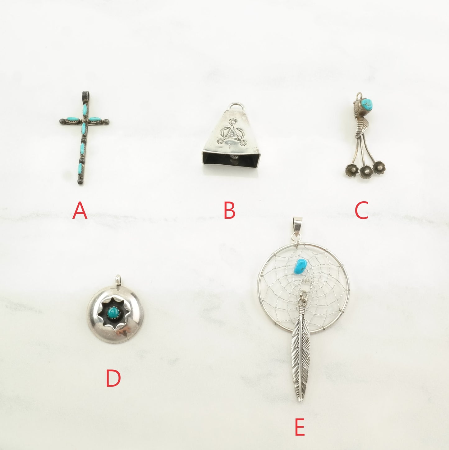 Vintage Pendant Choice Turquoise, Cross, Bell, Floral, Shadowbox, Dreamcatcher Sterling Silver