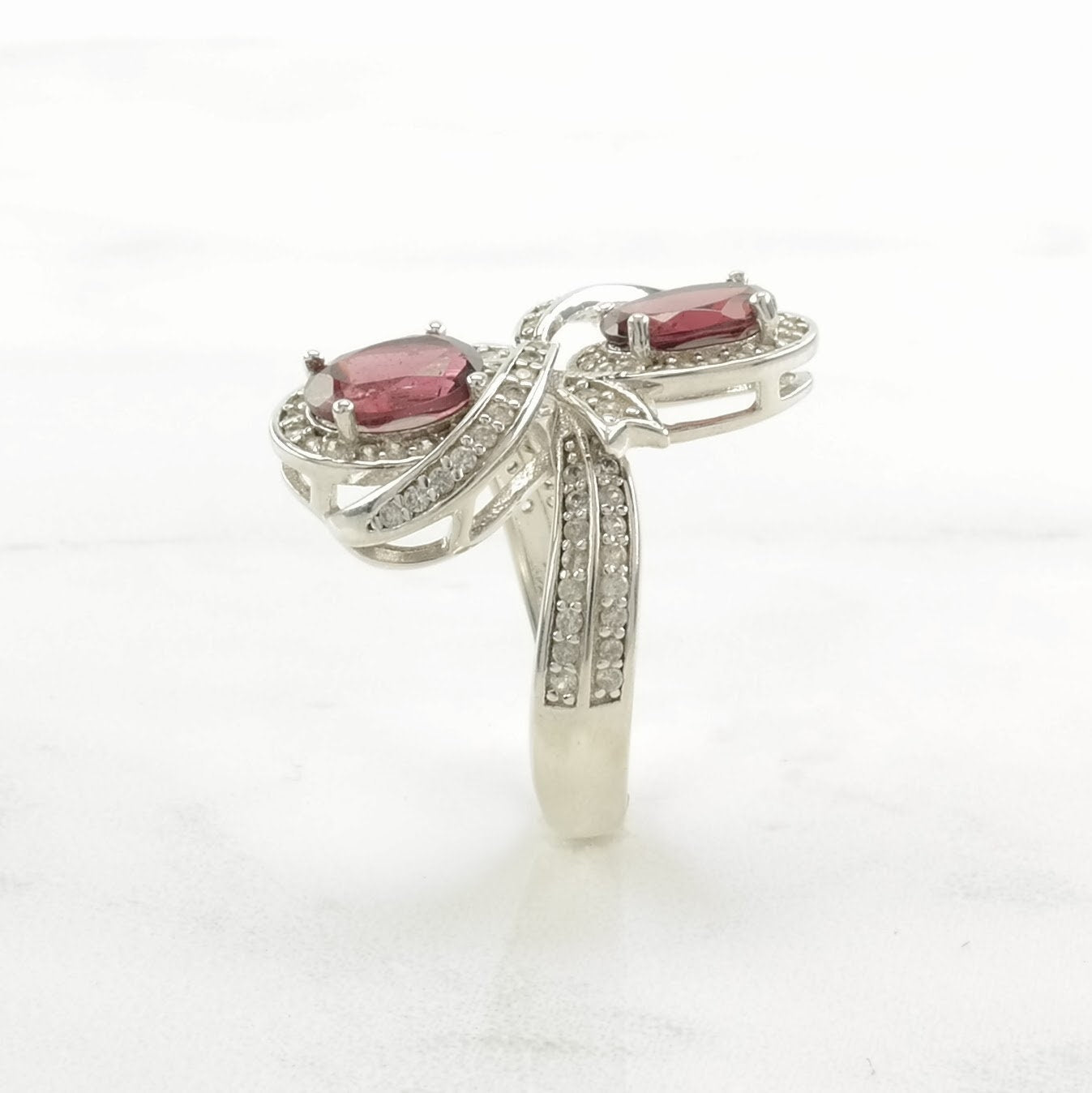 Vintage Sterling Silver Ring, Garnet White Zircons Ribbon Pink Size 5
