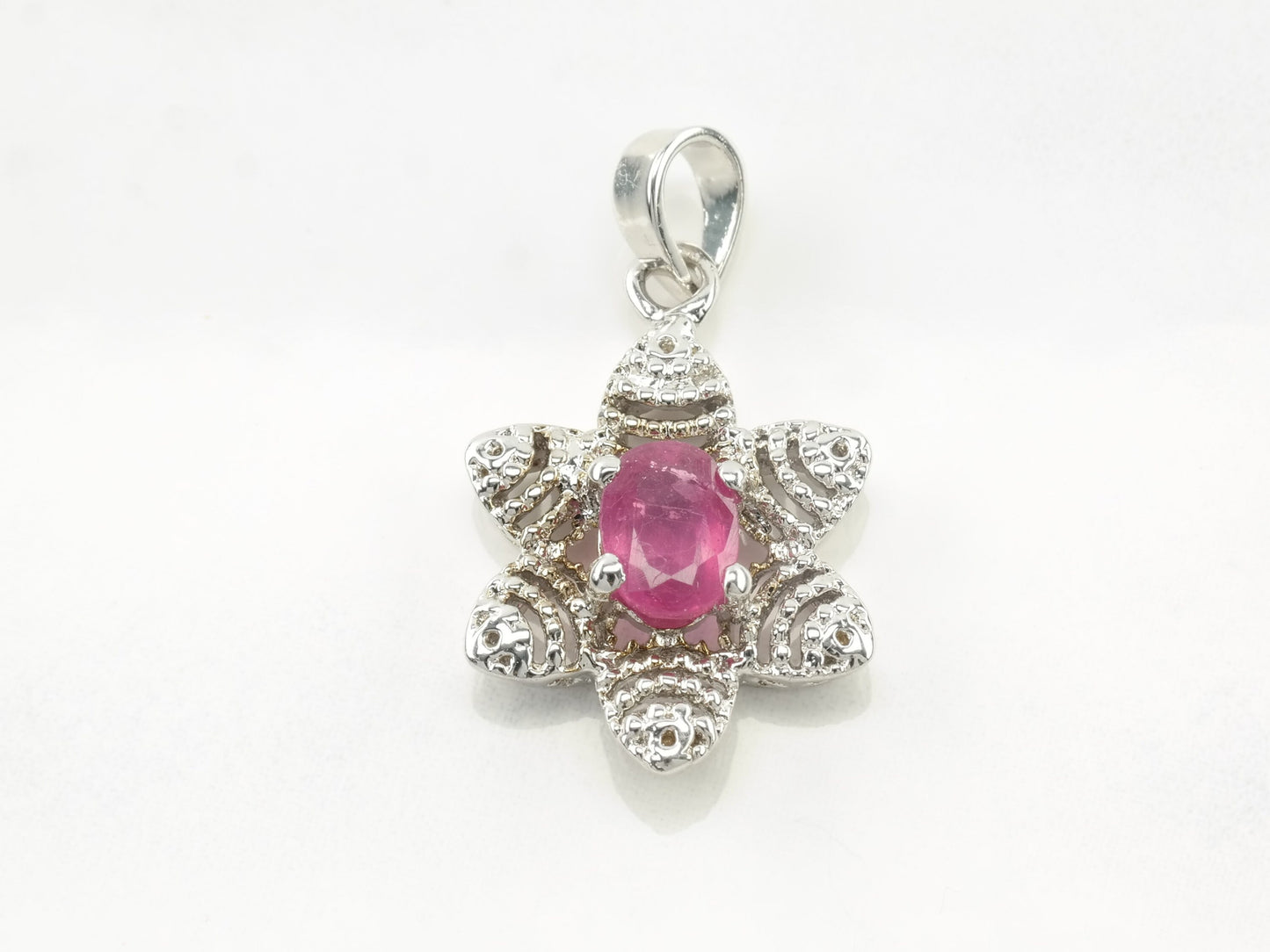 Vintage Treated Ruby CZ Floral Sterling Silver Pendant