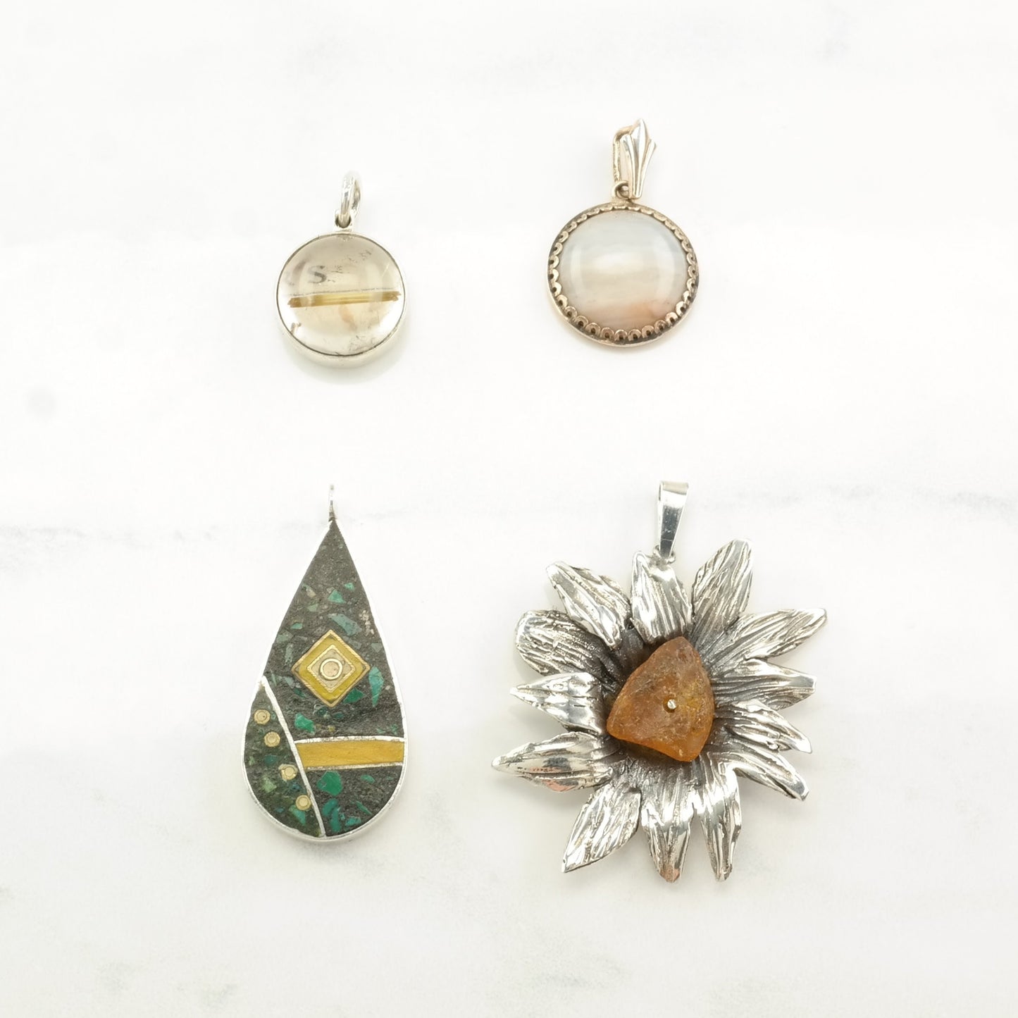Vintage Quartz, Agate, Turquoise, Citrine Sterling Silver Pendant