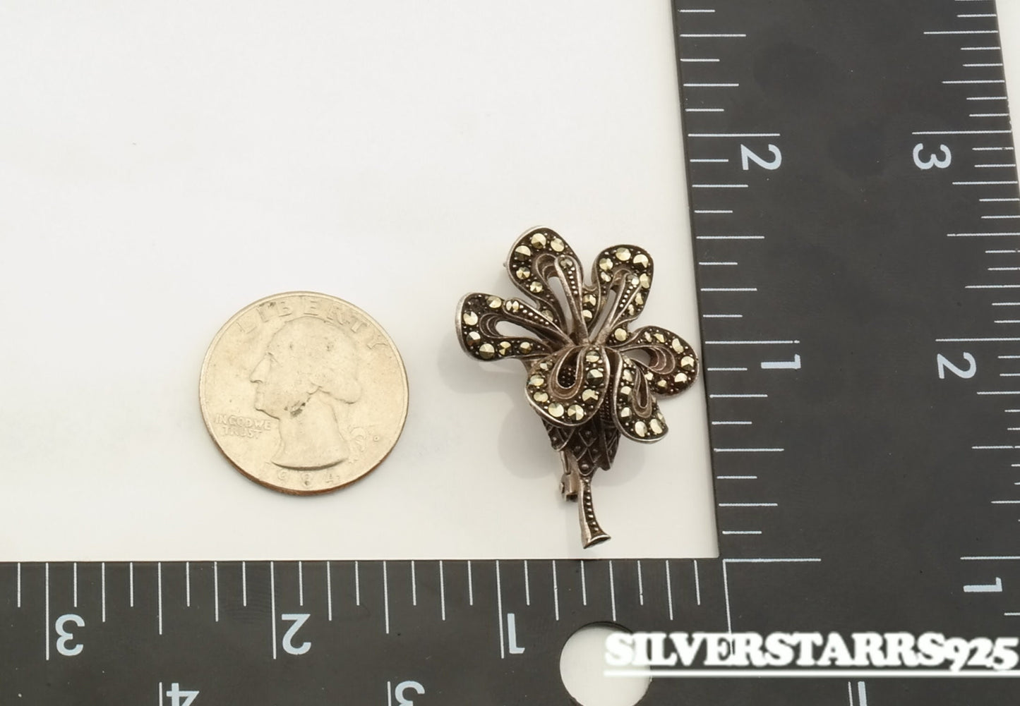Antique Marcasite Orchid Silver Brooch Sterling B1289