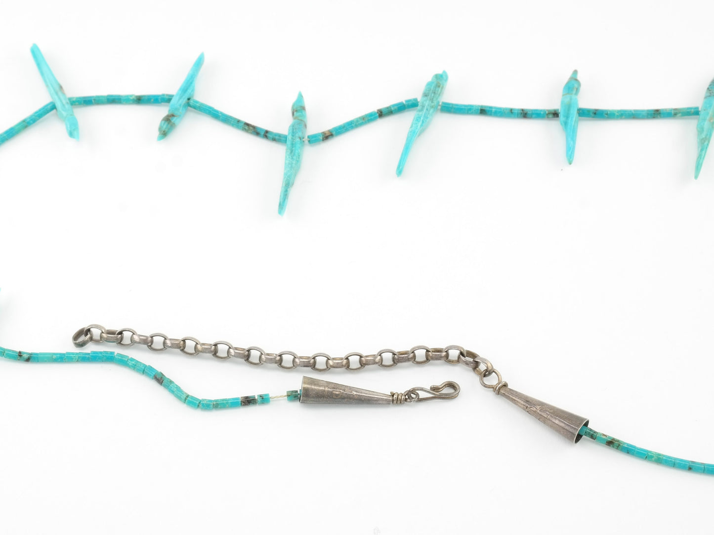Vintage Zuni Blue Carved Turquoise Heishi Fetish Sterling Silver Necklace