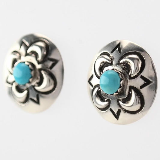 Native American Sterling Silver Turquoise Stamped Earrings Stud