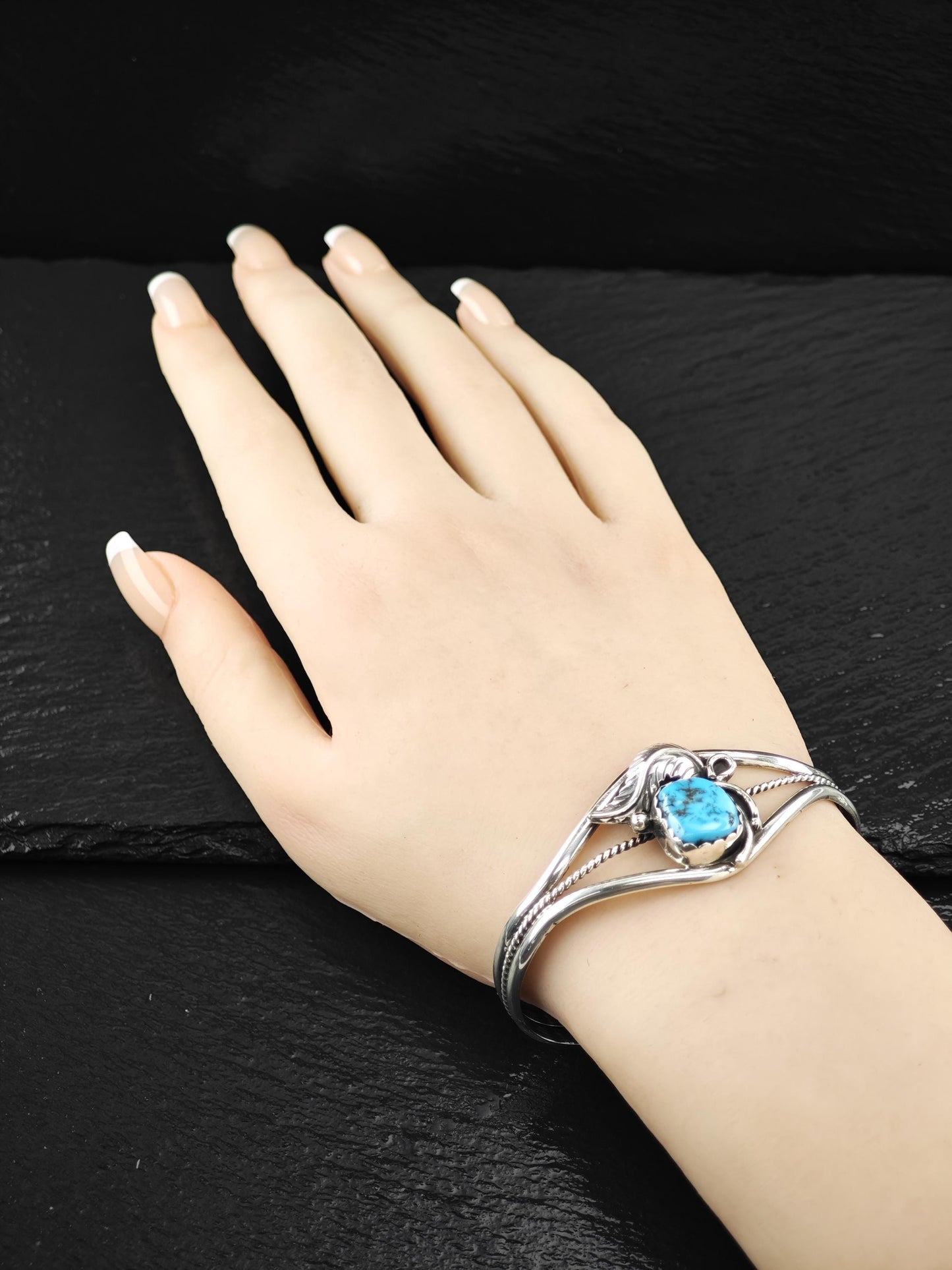 Native American, Turquoise, Floral Cuff Bracelet Sterling Silver
