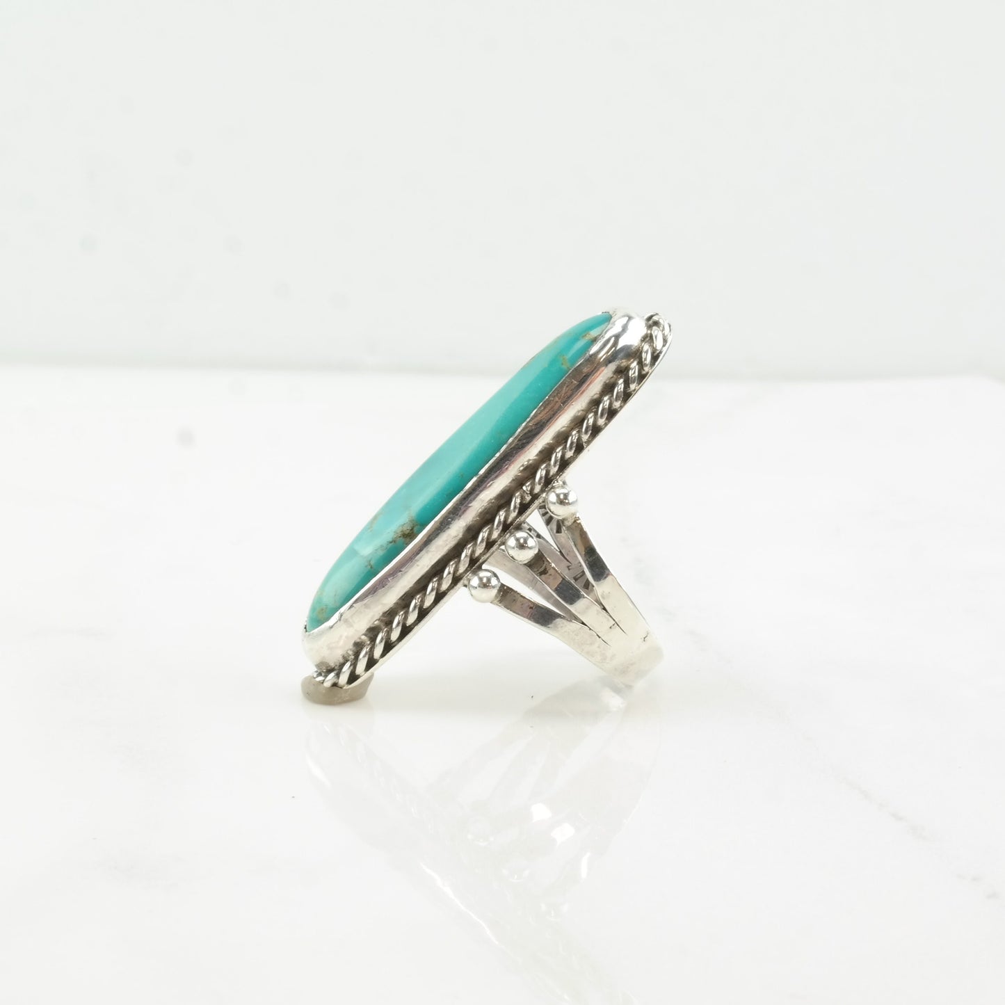 Vintage Southwest Silver Ring Turquoise Navette Long Oval Sterling Size 9 3/4
