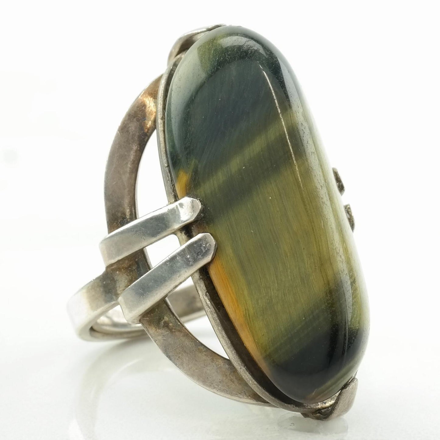 Vintage Mid Century Silver Ring Tigers Eye Sterling Size 5 3/4