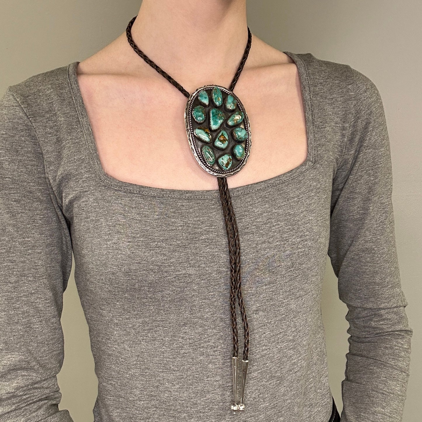 Vintage Green Turquoise Bolo Tie Sterling Silver Cluster Necklace