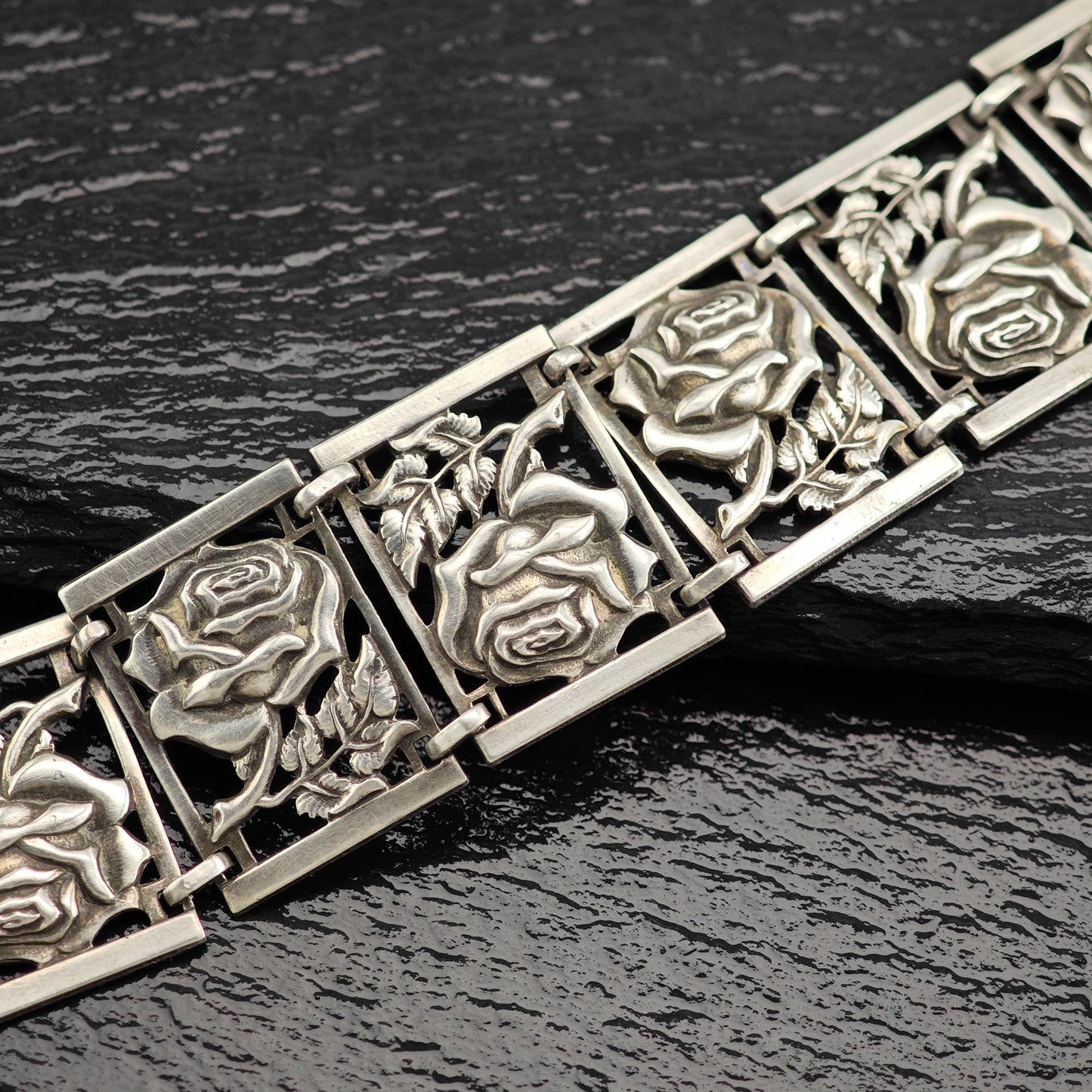 Art Nouveau Sterling Silver Rose Link Bracelet Vintage Elegance