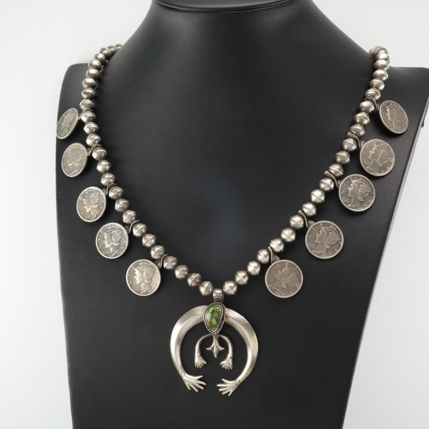 Vintage Native American Turquoise, Mercury Dimes Sterling Silver Squash Blossom Necklace