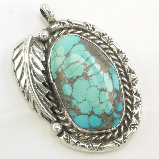 Vintage Native American Spiderweb Turquoise Feather Sterling Silver Pendant