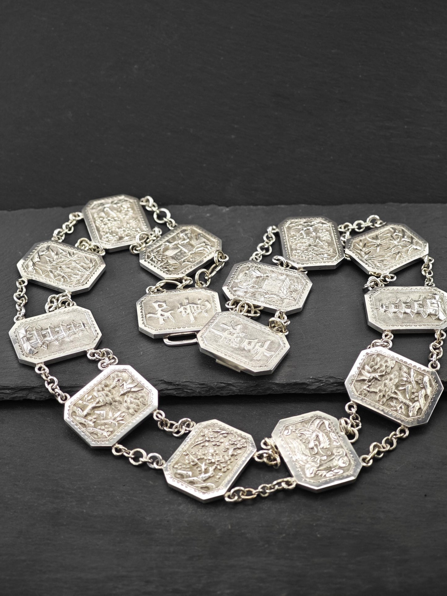 Antique Chinese Export Repousse Sterling Silver Belt Marked Hung Chong