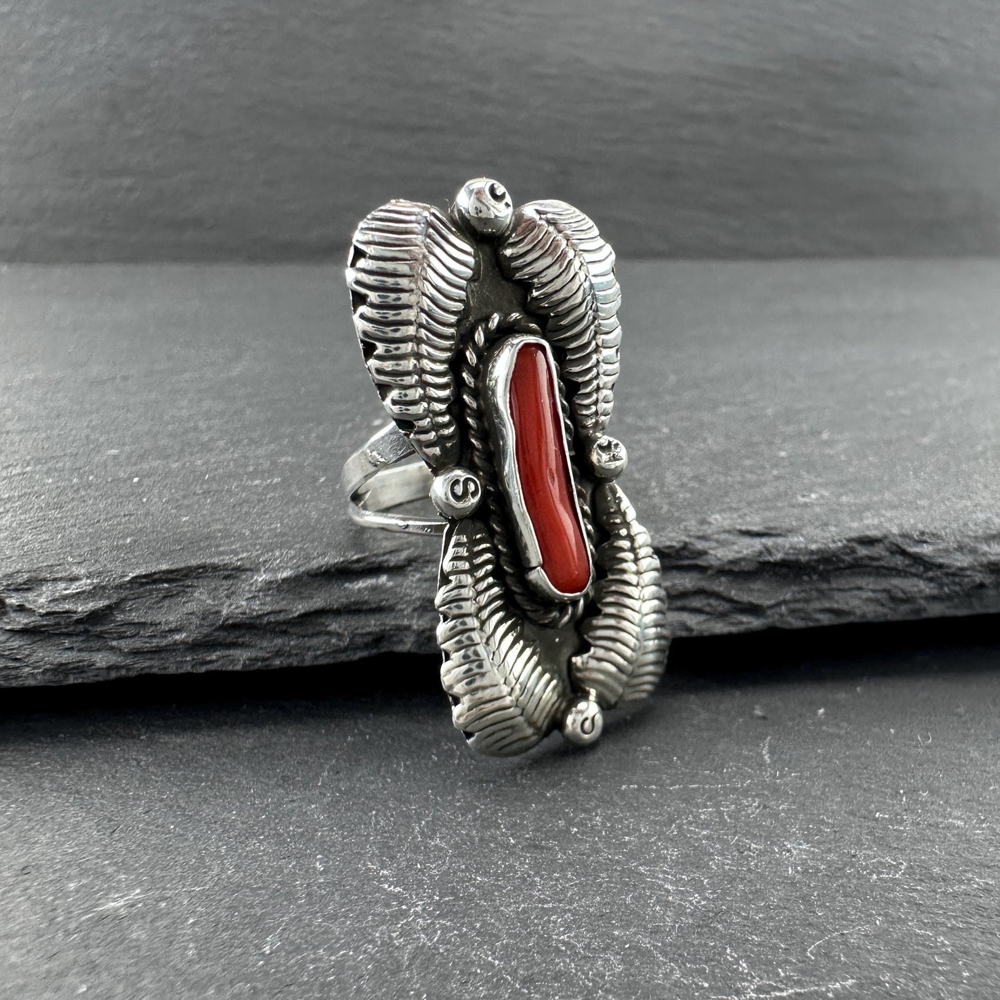 Native American Coral, Floral Ring Sterling Silver