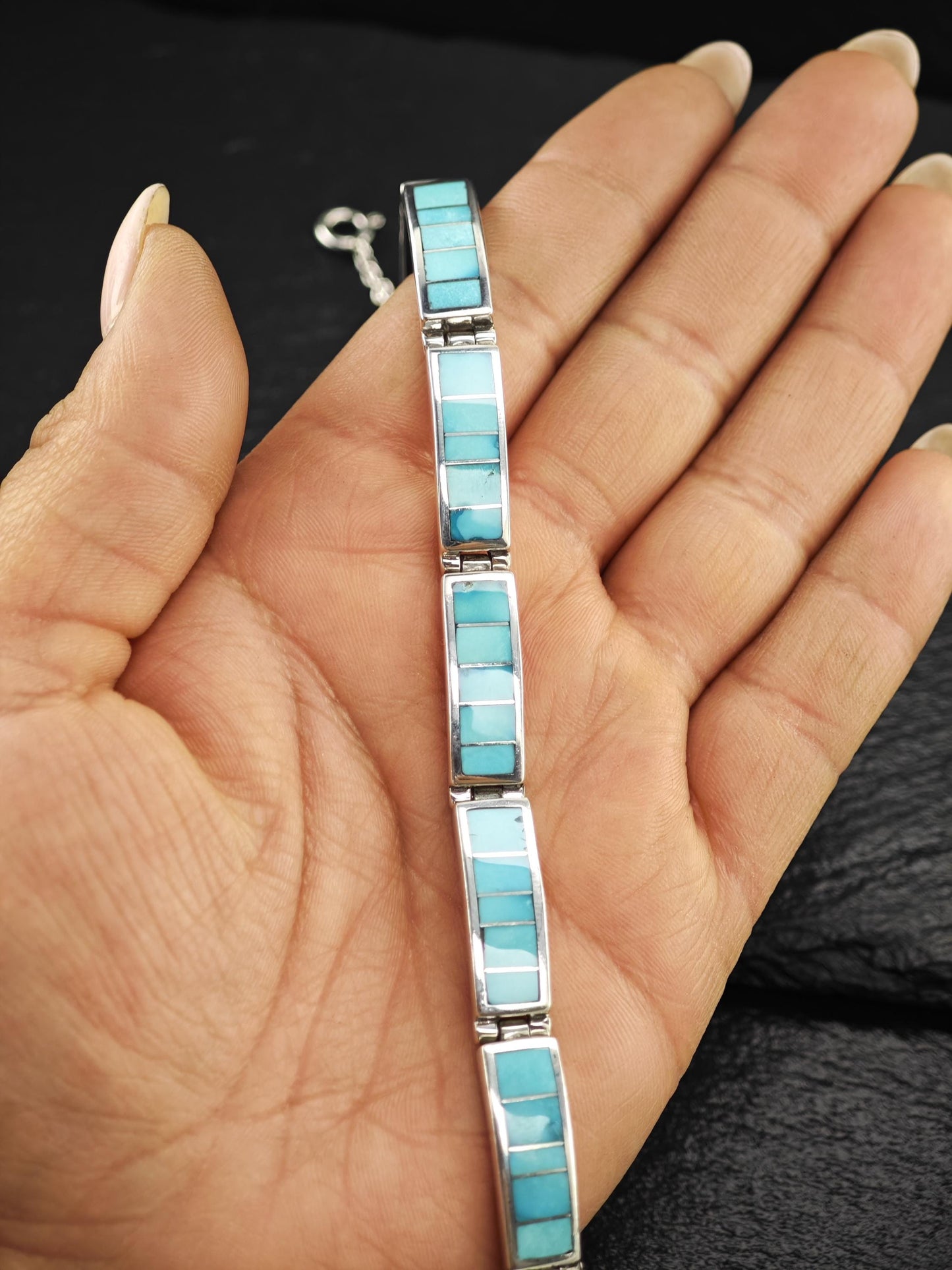 TSF Signed Turquoise, Inlay Bracelet Sterling Silver