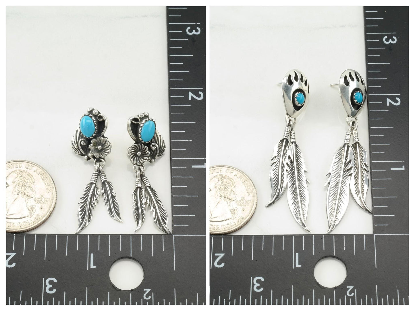 Vintage Southwest Turquoise, Blue Block Turquoise Feather, Sterling Silver Pierced Earrings ER2825