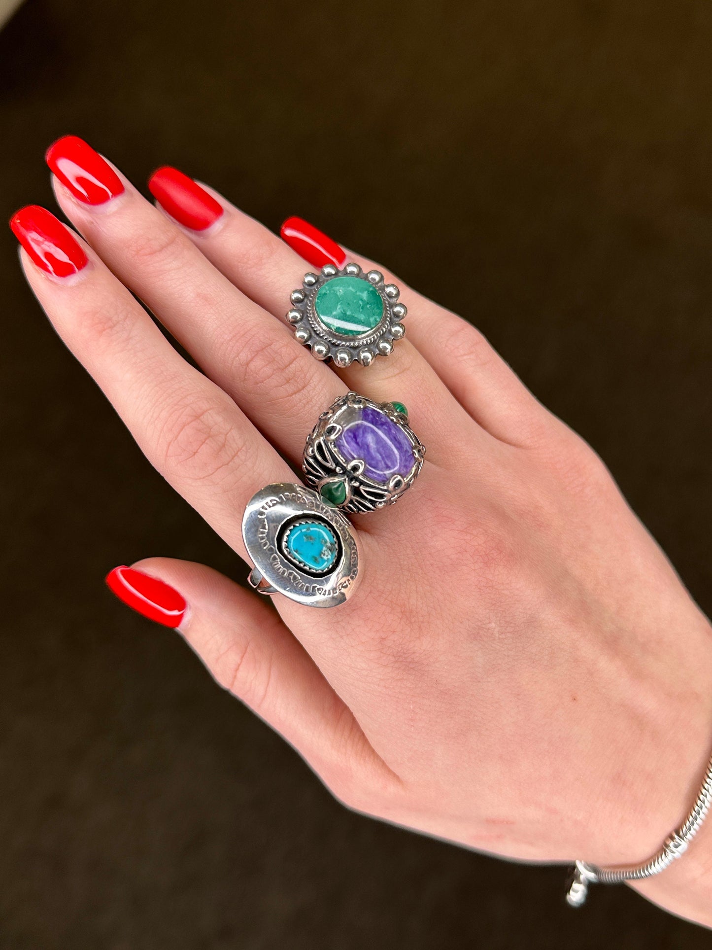 Vintage Carolyn Pollack Silver Ring Malachite Charoite Teardrop Sterling Size 8 1/2