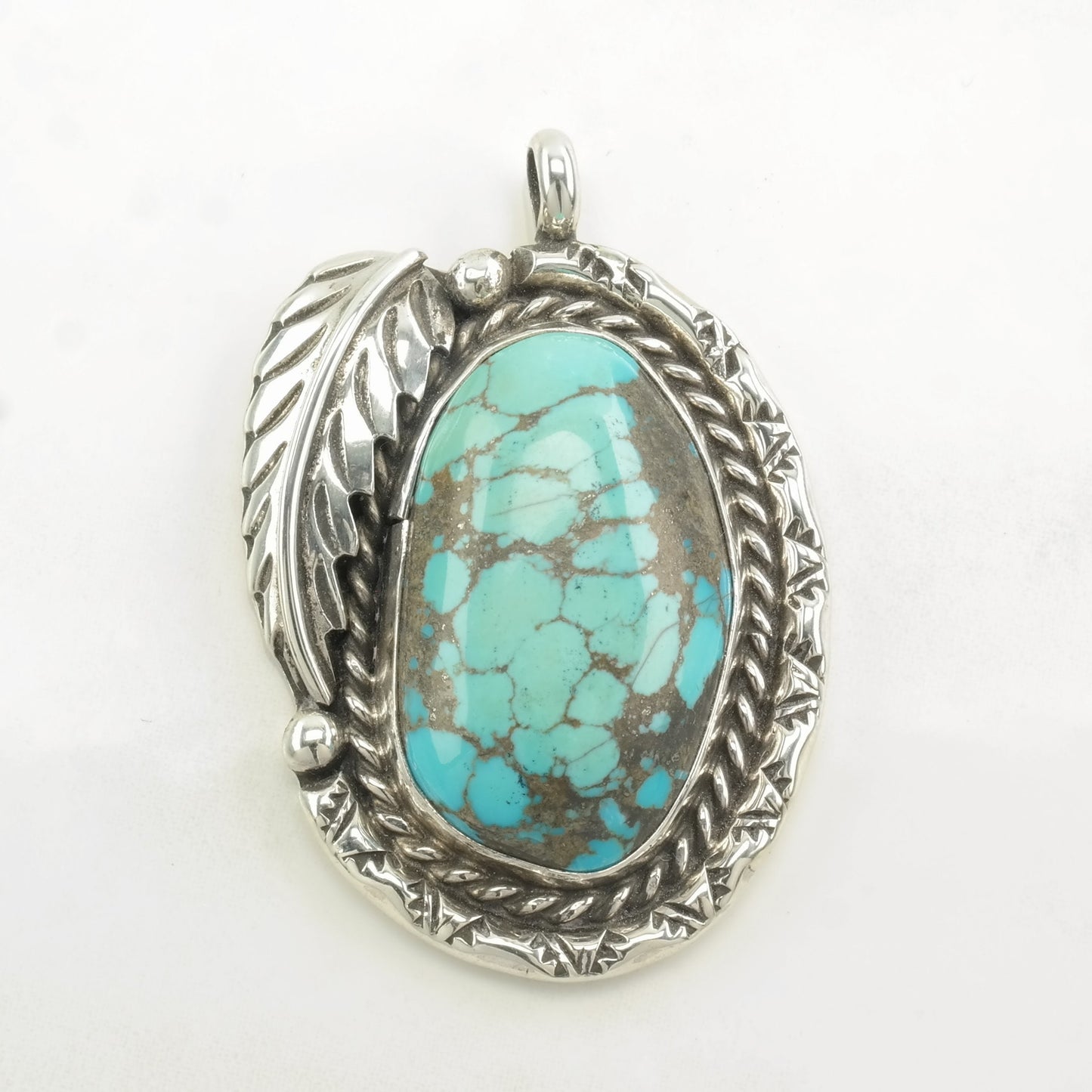 Vintage Native American Spiderweb Turquoise Feather Sterling Silver Pendant