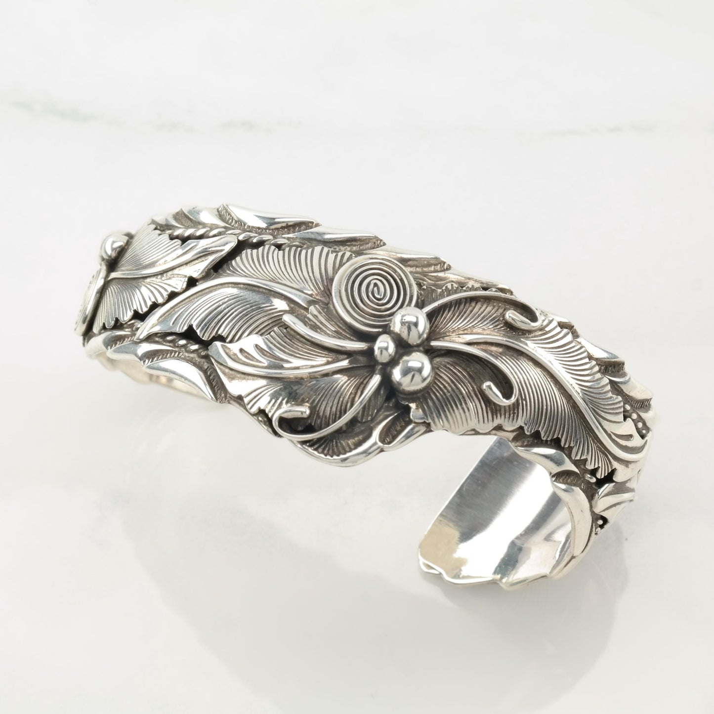 Signed Floral Cuff Bracelet Sterling Silver