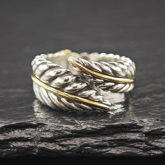 Tiffany 18K Gold Accent Leaf Bypass Ring Sterling Silver