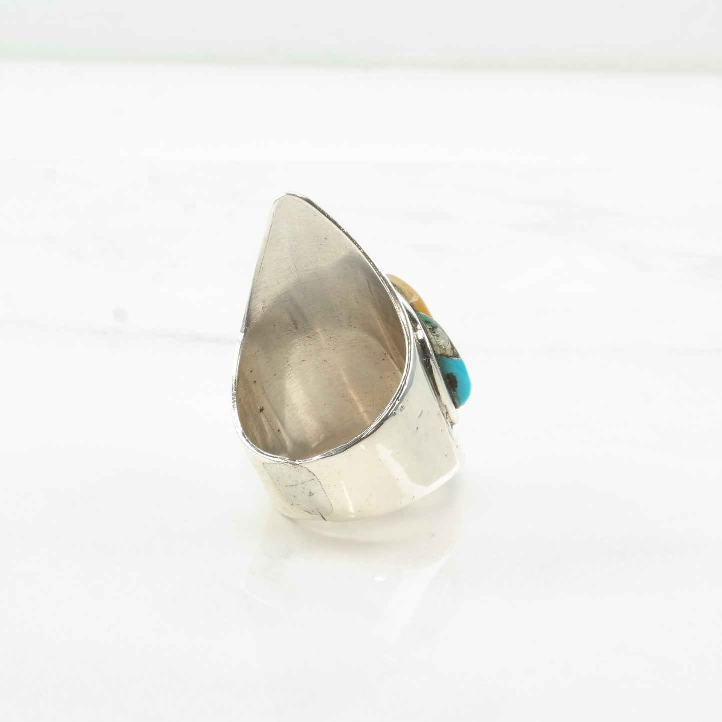 Vintage Zuni Silver Ring MOP Turquoise Cobblestone Inlay Sterling Size 9 3/4